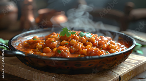 Indian Chana Masala - Steaming hot chili beans in rustic skillet