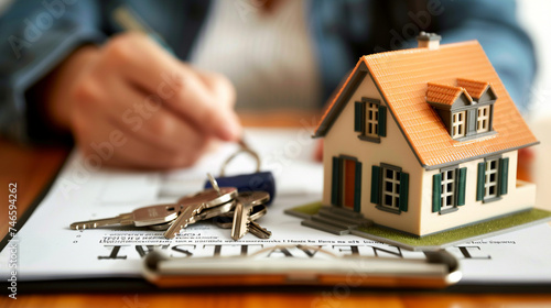 An insurance agent pointing to a clause in a property insurance policy, with house keys and a small house model on the table, blurred background, with copy space