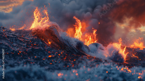 Fire versus water. Battle of the elements, a wave of water covers a strong fire