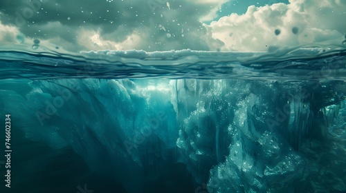 Crisis concept Global warming and melting glaciers, Iceberg in the ocean with a view underwater, Crystal clear water, Hidden Danger, before complete climate change