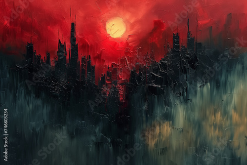 Abstract art - painting of a sundown over a dark forest