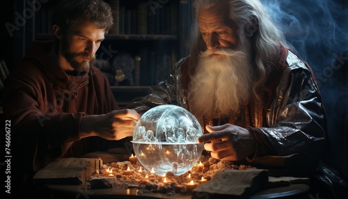 2 men talking with an angel in front of a transparent ball, in the style of mystical realms, magewave, bibliographic anomalies, white and azure, tabletop photography, religious, solapunk