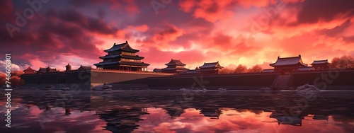 sightseeing in the forbidden city with train ticket, in the style of pastel dreamscapes, dark orange and light navy, golden light, sunrays shine upon it, light turquoise and purple