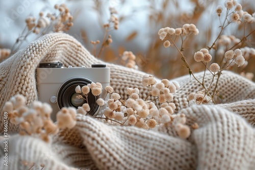 A classic film camera tucked into a soft knitted blanket with fluffy dry flowers, exuding an autumnal nostalgia and artistic vibe