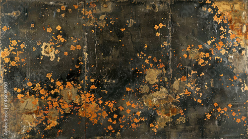 Abstract background, splashes of golden paint on dark canvas