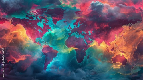 Colorful World Map With Clouds of Smoke