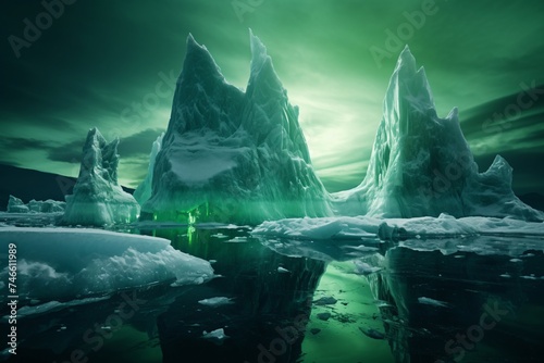 icebergs in the water with green light