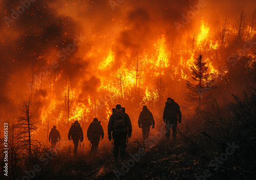 Firefighters are silhouetted by raging forest fire