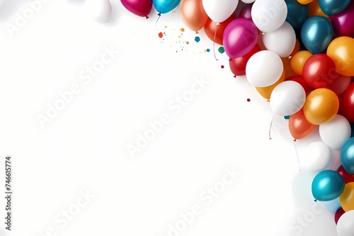 A whimsical arrangement of birthday balloons in various sizes and colors, forming a playful cluster on a clean white surface, leaving space for custom text.