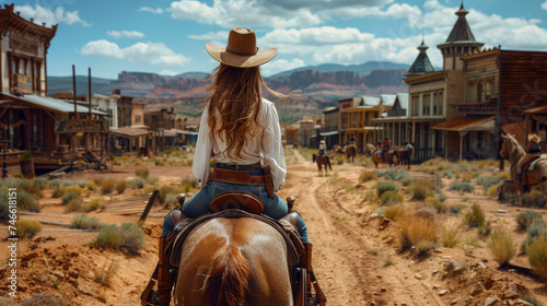 wild west town, Woman dressed as a cowboy on a horse