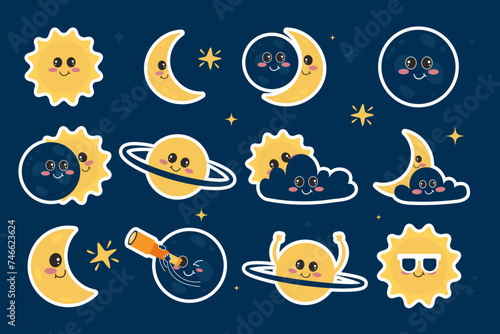 Set of kawaii stickers solar eclipse elements in flat style