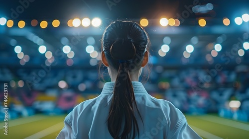 Woman in Karate Standing in a Stadium