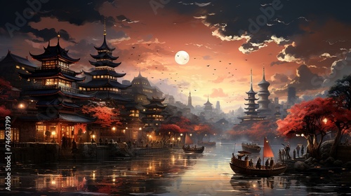 a cityscape in city with fireworks and water, in the style of ocean academia, historical inspiration, festive atmosphere