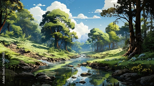 a forest under clear blue sky and the sun beams on, in the style of light green and dark beige, natural symbolism