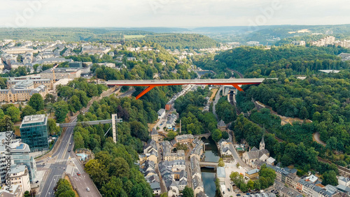 Luxembourg City, Luxembourg. Pont Rouge. Panoramic view of the historical part of Luxembourg. City is located in valley of two rivers - Alzette and Petrus, Aerial View