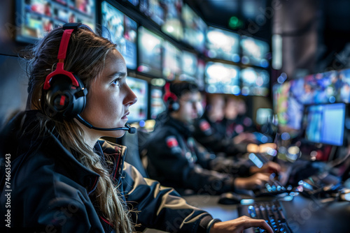 opérateurs féminins avec micro-casque concentrée dans un centre de contrôle de télésurveillance avec de nombreux écrans