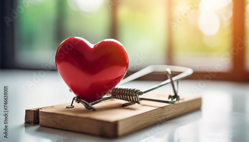 Red heart caught in mouse trap on white table, symbolizing love's entrapment. Bright backlight with windows in background