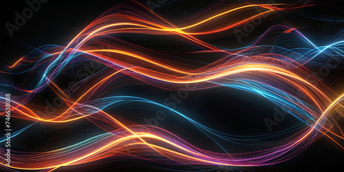 Vibrant abstract background of neon glowing light swirl waves artwork adorned with swirling bursts of orange, blue, and purple hues