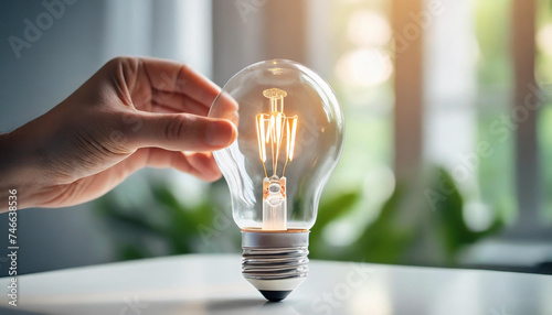 hands replace old LED bulb with bright idea on white table, symbolizing innovation and energy efficiency