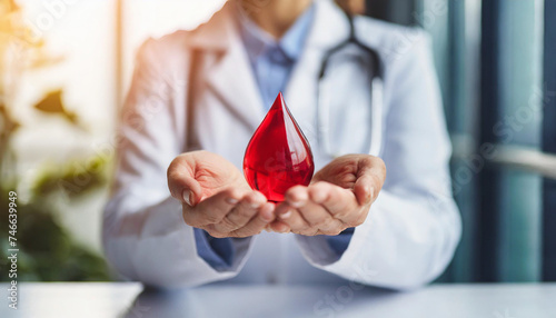 woman in white coat holds 3D red blood droplet, symbolizing Hemophilia Day and importance of blood donation