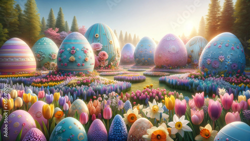 A magical landscape filled with oversized, intricately decorated pastel Easter eggs nestled among a field of vibrant spring flowers under a clear blue sky.