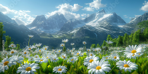 meadow with daisies in mountain valley