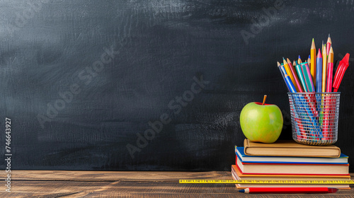Stack of books with pencils and two apples on the table with school board backdrop. Education or Back to school concept.Back to school background with books and apples over blackboard. 