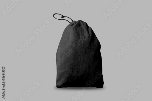 Black shoe or sport bag mockup isolated on background. 3d rendering.Sport drawstring backpack, gym sack. Cinch tote bag black front view. Knapsack, schoolbag, rucksack with ropes.