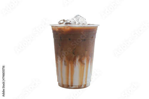 Iced caramel latte coffee on plastic glass isolated white background, summer drink concept