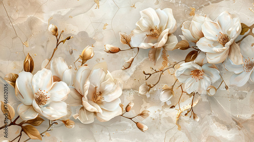 Watercolor spring magnolia blossom on beige background..