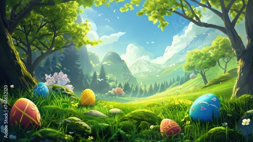 Cute cartoon anime-style Easter eggs tucked away in the grass.
