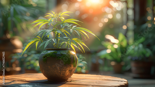 A small hemp plant in a pot on a wooden table