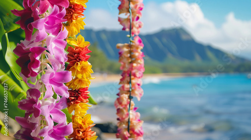 Tropical flower lei garlands over Hawaiian coastal view. Lei Day, cultural celebration in Hawaii at May 1st template with empty copy space for text