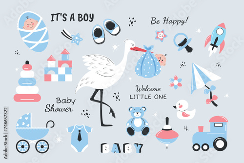 A children's set with a cute stork and a baby, a set of toys and inscriptions. Vector illustration for a newborn boy