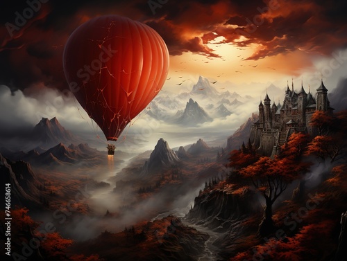a red paraglider in flight over a small town, in the style of made of mist, 32k uhd, imposing monumentality, lush scenery, school