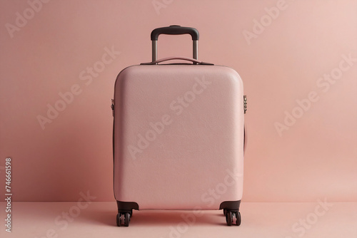 Pink suitcase on a pink background. The concept of travel and vacation.