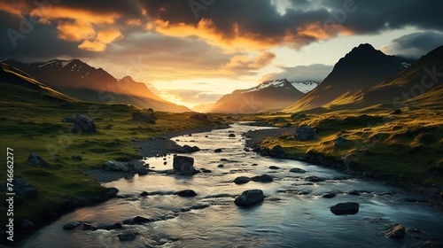 a scenic icelandic valley in the sunlight at sunset, in the style of tropical symbolism, eye-catching, award-winning, glorious
