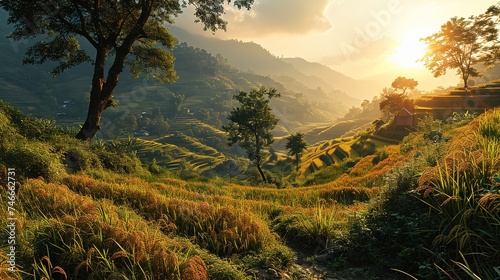 a scenic view of rice terraces in a field at sunset, landscape mastery, zigzags, photo-realistic techniques, cartelcore, villagecore