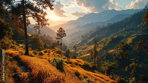 a scenic view of rice terraces in a field at sunset, landscape mastery, zigzags, photo-realistic techniques, cartelcore, villagecore