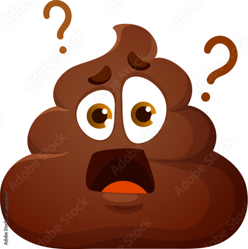 Cartoon poop emoji wondering with question signs, funny poo excrement, vector character. Toilet shit emoticon or smile with surprised, bewildered and scared face expression for comic poop emoji