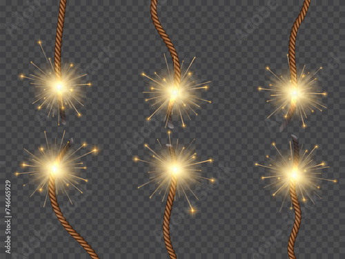 Bomb burning wicks or dynamite fuses with fire flame lit, isolated vector on transparent background. Firework or firecracker ignition ropes with sparks, TNT explosive detonator wicks or dynamite fuses