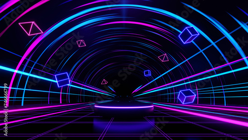 Futuristic technology neon light background, empty space with reflection light on floor scene, internet data network connection, abstract virtual reality, 3D render.