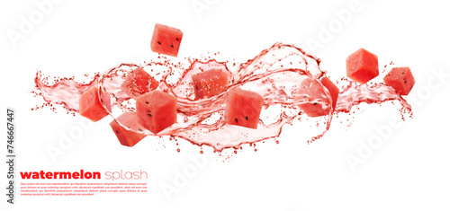 Watermelon fruit cubes with drink wave flow splash for juice, realistic vector. Watermelon cut slices in transparent water explosion or spill flash of long wave for soda water or beverage drink