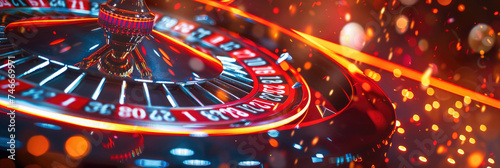 close-up, casino roulette, spinning in motion, game with a ball on numbers, gold with bokeh, for a banner