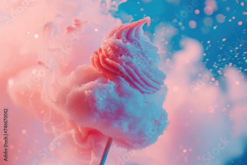 pink cotton candy on a stick, marshmallows in the shape of a pyramid, a shiny air cloud on a stick, on a background with bokeh