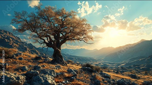 a tree is standing in a desert landscape, light gold and beige, orientalist imagery, sharp/prickly, influence, natural symbolism, science-fiction lands