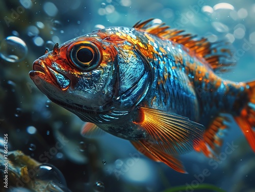 a very bright fish with two eyes and bubbles behind it, in the style of photorealistic fantasies