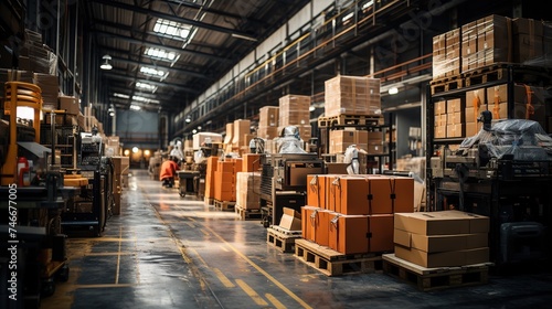 a warehouse with boxes standing in front of a large aisle way, in the style of commercial imagery, photorealistic, industrial machinery aesthetics,aesthetic, focus stacking, heistcore