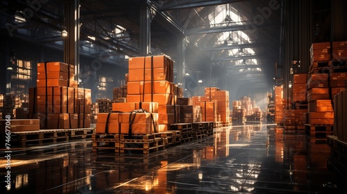 a warehouse with pallets and boxes, high quality photo, precisionism influence, transportcore, airy and light