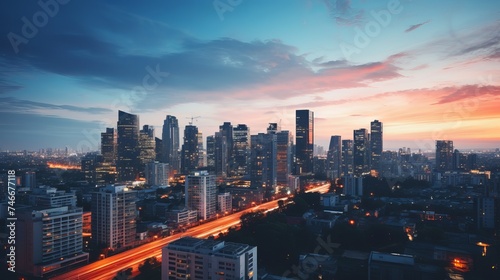 Bright glowing lights of district in megapolis under dusk sky in evening on blurred background